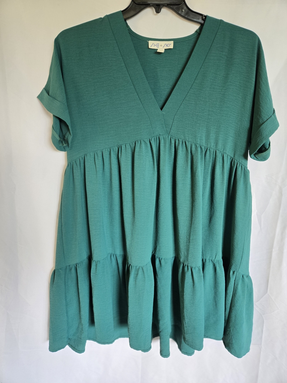She + Sky Teal V-Neck Short Sleeve Tiered Top